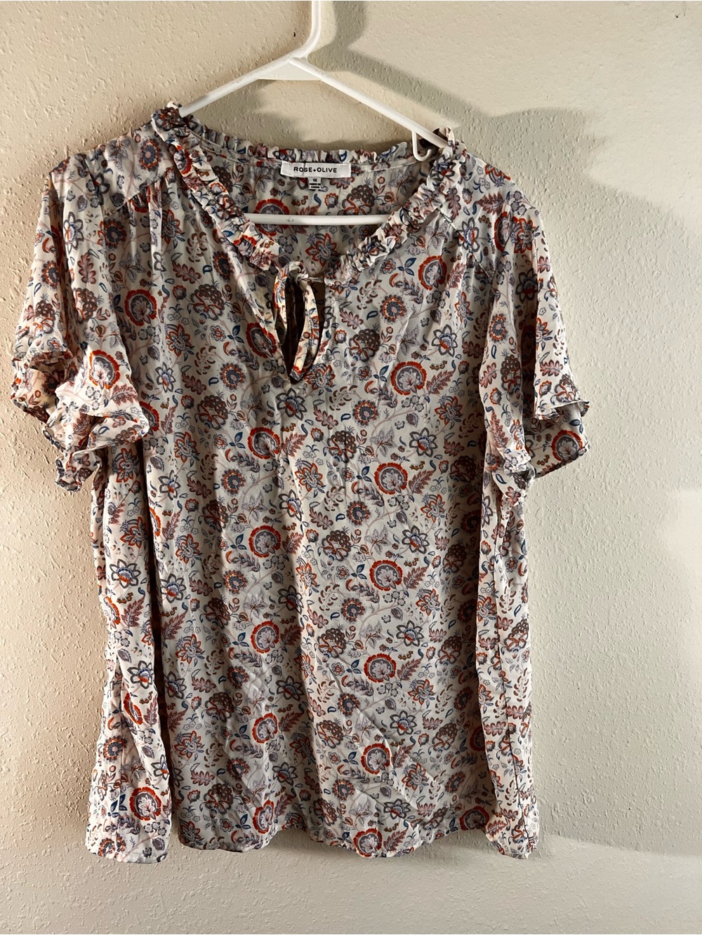Rose & Olive Cream Floral Tie-Neck Ruffle Sleeve Blouse